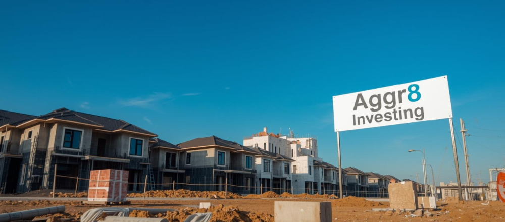 Aggr8investing commercial real estate guide with property types, return factors chart, and portfolio growth timeline.