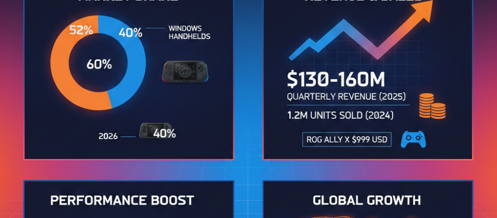 ASUS ROG Ally 2026 statistics showing $130-160M quarterly revenue, 52% Windows handheld market share, and 15-35% higher frame rates than Steam Deck.