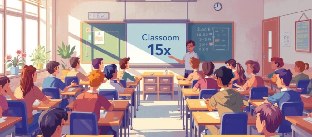 Classroom 15x educational model showing AI-driven personalized learning, 87% student engagement, and project-based curriculum.