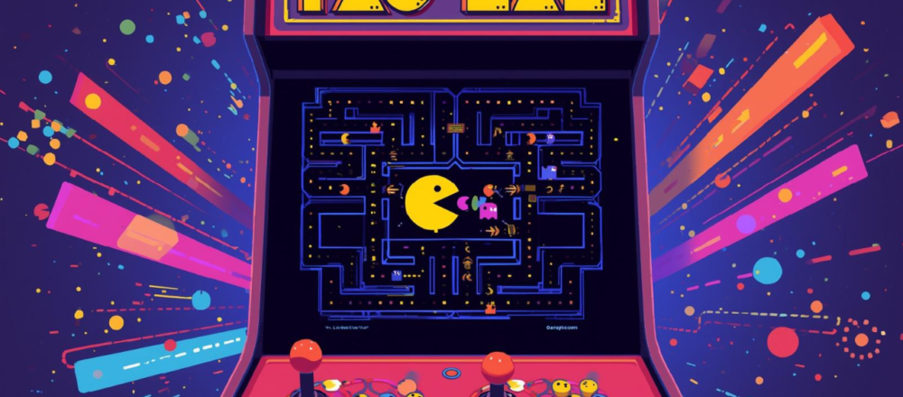 Google Pac-Man interactive browser game showing a retro-style maze, yellow Pac-Man character, collectible dots, power pellets, and roaming ghosts. Features score and lives display, keyboard controls, and a faithful recreation of Google’s classic Pac-Man Easter egg experience