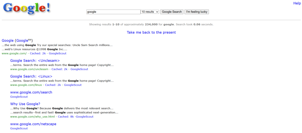 Google in 1998 Easter egg showing original homepage recreation with retro logo, simple search box, and vintage browser-style interface.