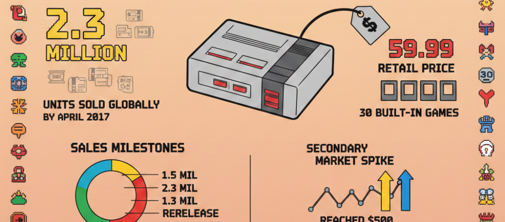 NES Classic Edition statistics showing 2.3 million units sold, 30 built-in games, and $59.99 retail price with secondary market analysis.