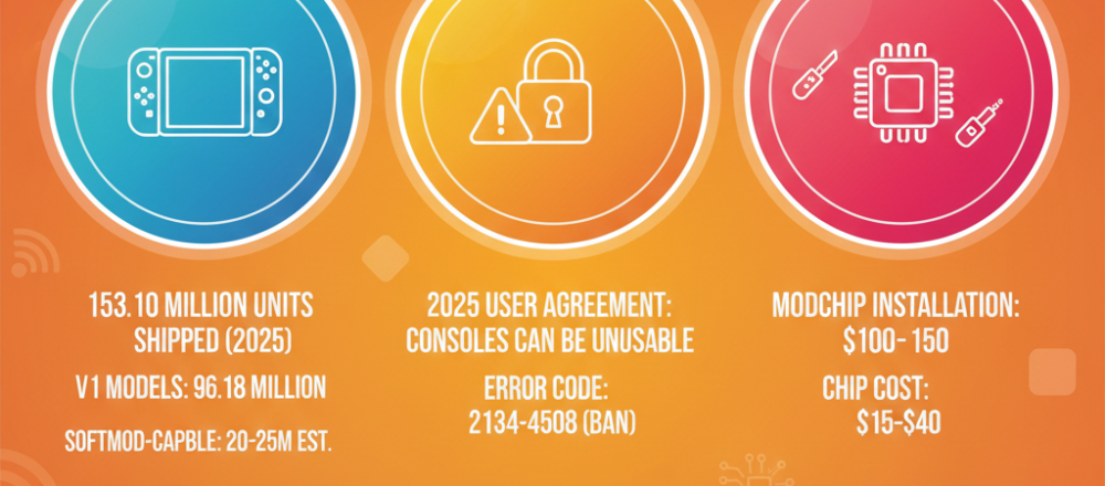 Nintendo Switch Modding Statistics 2026 covering hardware distribution, softmod vs modchip adoption, ban risks, costs, community activity, and performance impact. Includes charts on Switch model share, modding difficulty, risk levels, market economics, and homebrew ecosystem trends.