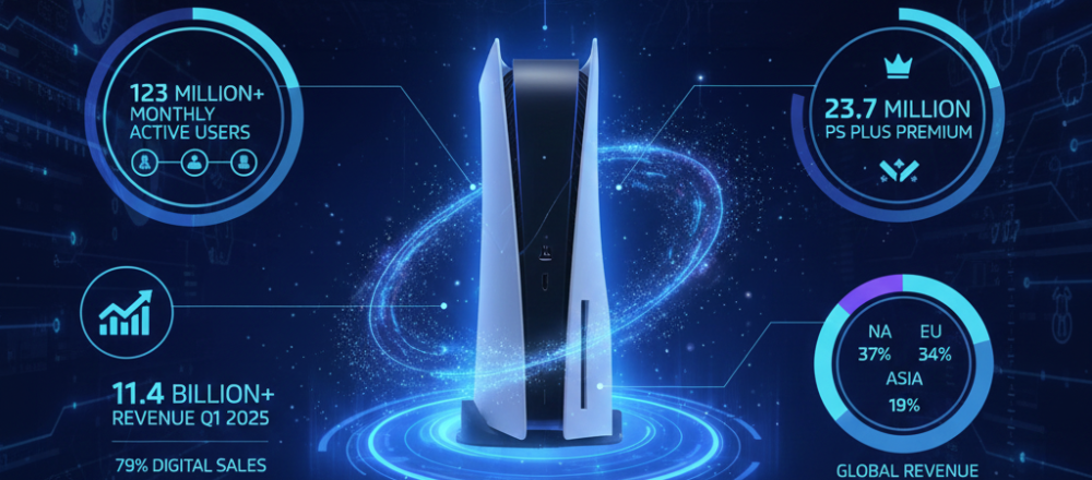 PlayStation statistics showing 123 million monthly active users, 86.12 million PS5 units sold, and 45% console market share.