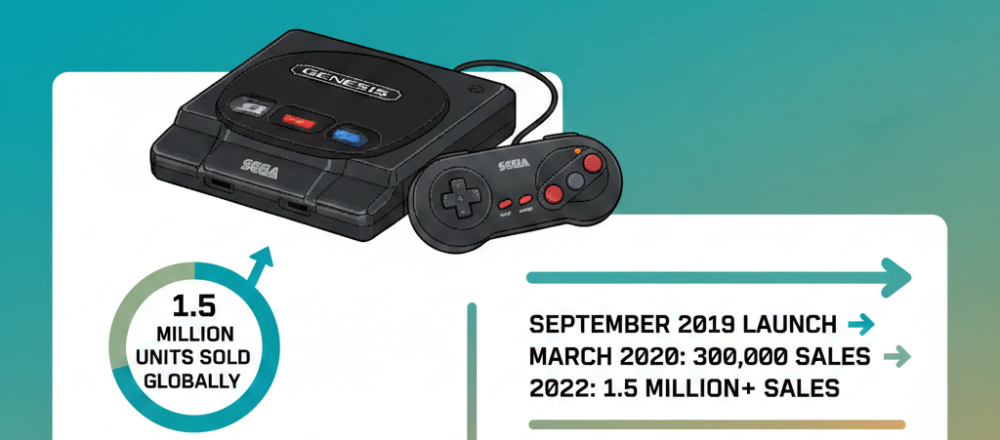 Sega Genesis Mini statistics overview showing global sales, pricing history, regional releases, and game library analysis. Includes charts comparing mini consoles, hardware features, Genesis Mini vs Mini 2 differences, and consumer reception metrics through 2026.