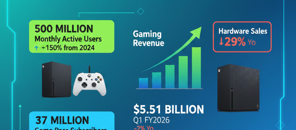 Xbox statistics showing 500 million monthly active users, 37 million Game Pass subscribers, and 31% global console market share.