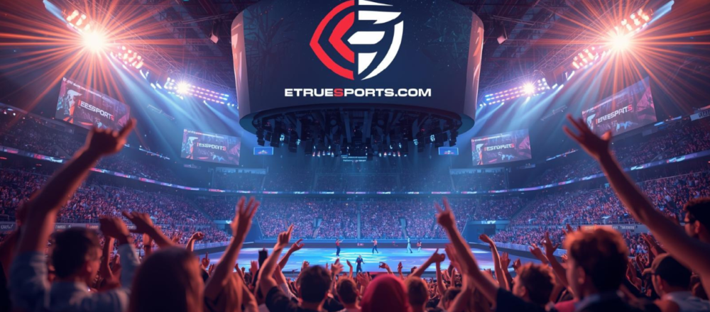 eTrueSports.com sports tech platform showing real-time analytics, VR integration, 41% fan engagement increase, and multi-sport tracking features.
