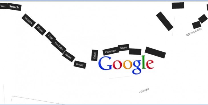 Google Gravity interactive demo showing search page elements falling and colliding with physics-based gravity effects.