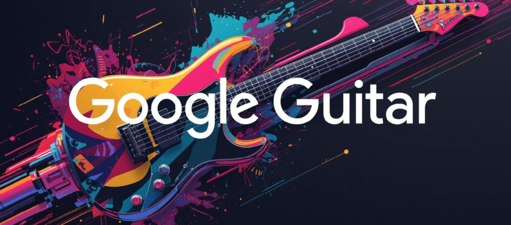 Google Guitar interactive doodle tribute to Les Paul with playable strings, keyboard controls, and recording features.