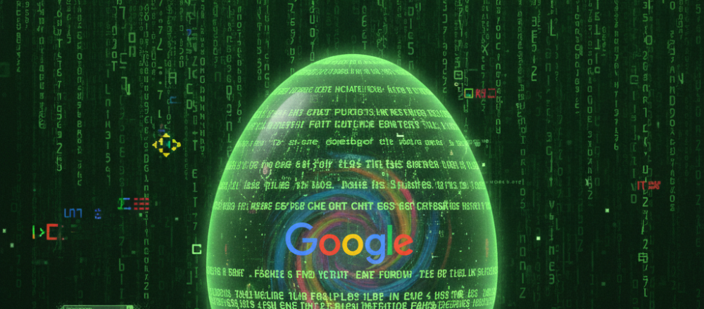 Google Matrix Easter Egg displaying a full-screen ‘digital rain’ effect with glowing green characters cascading down a dark background, inspired by the Matrix aesthetic. Illustrates an immersive visual overlay that preserves search usability while adding cinematic, animated atmosphere across modern browsers.