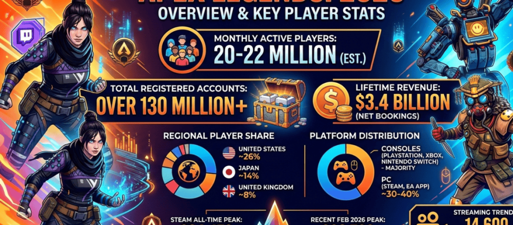 Apex Legends statistics for 2026 covering player counts, Steam trends, $3.4B lifetime revenue, regional distribution, platform availability, and Twitch viewership data.