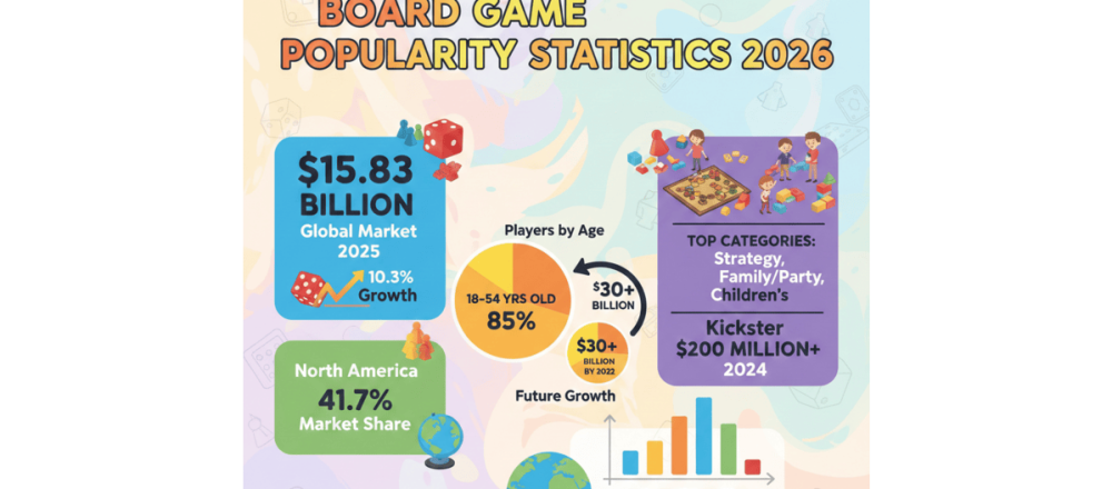 Board game popularity statistics for 2026 covering $15.83B market size, player demographics, top-selling titles, and regional trends.
