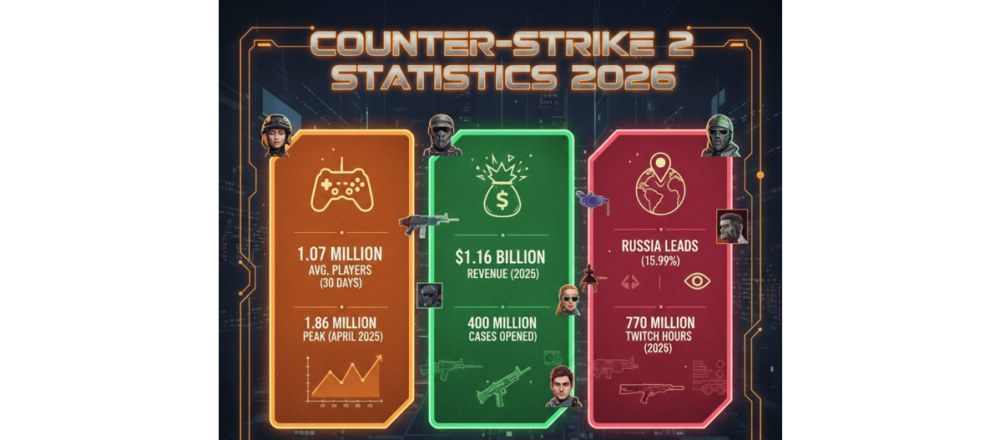 Counter-Strike 2 statistics for 2026 covering 1M+ concurrent players, $1.16B revenue, regional distribution, and Twitch viewership data.