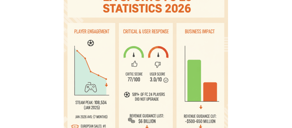 EA Sports FC 25 statistics for 2026 covering Steam player counts, sales rankings, review scores, and EA's $500M+ revenue guidance cut impact.