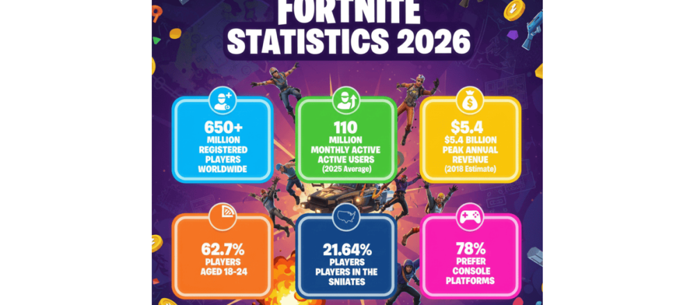Fortnite statistics for 2026 covering 650M registered players, $26B+ lifetime revenue, age demographics, regional distribution, and streaming data.