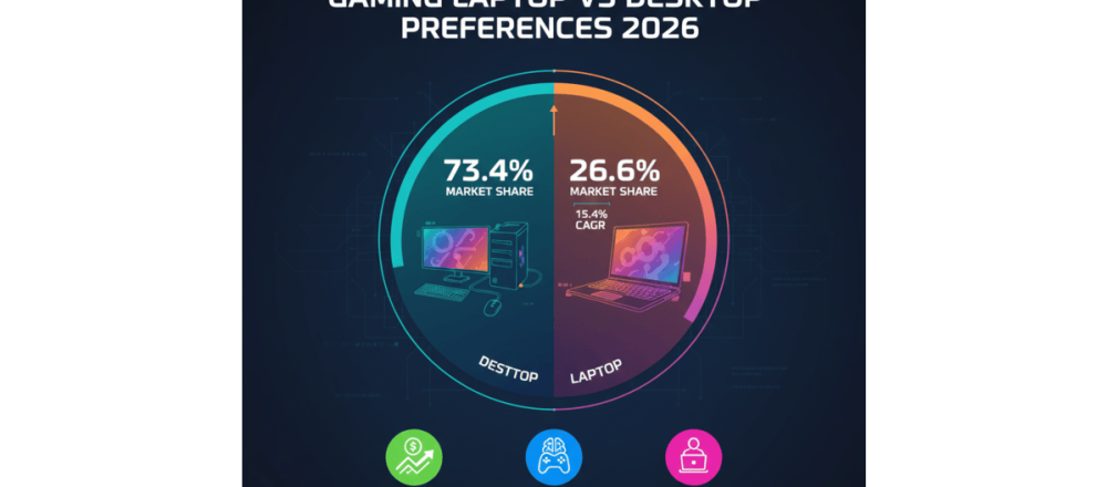 Gaming laptop vs desktop statistics for 2026 covering 73.4% desktop market share, performance gaps, demographic trends, and growth projections.