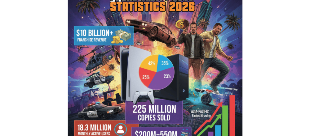 GTA 5 statistics for 2026 covering 225 million copies sold, $10B+ revenue, platform distribution, and GTA Online microtransaction data.