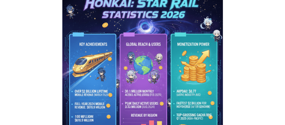 Honkai: Star Rail statistics for 2026 covering $2B lifetime revenue, 30.1M monthly users, regional spending breakdown, and competitor comparisons.