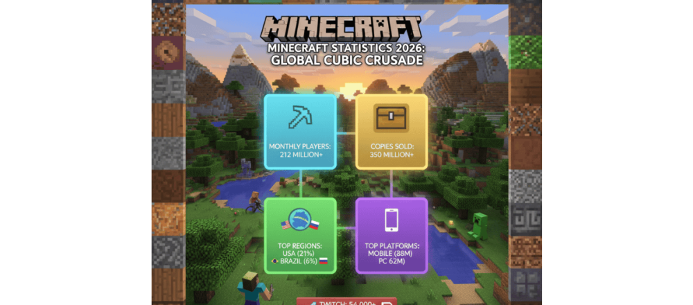 Minecraft statistics for 2026 covering 212 million monthly players, 350+ million copies sold, revenue trends, platform distribution, regional data, and Twitch viewership.