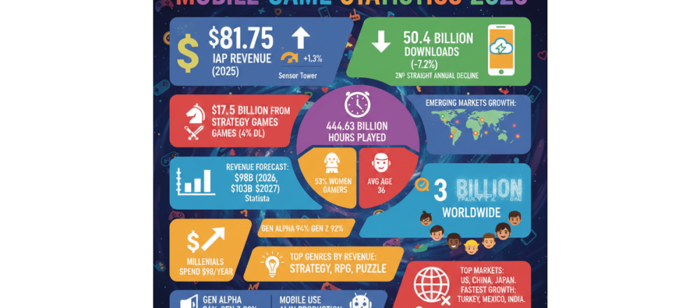 Mobile Game Statistics 2026 — Global revenue, player demographics, genre performance, platform spending split, and emerging market growth shaping the mobile gaming industry.