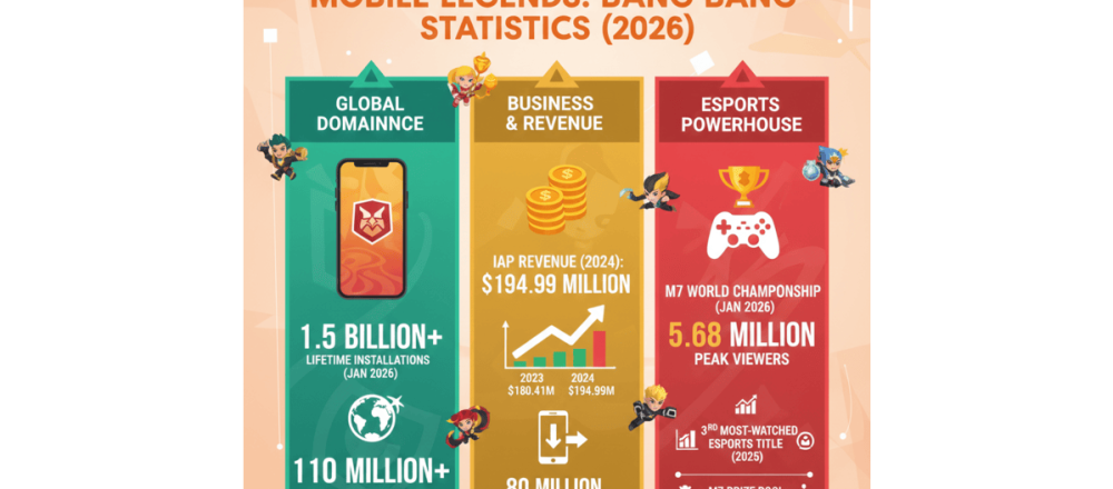 Mobile Legends: Bang Bang statistics for 2026 covering 1.5B installs, 110M monthly players, esports viewership records, and revenue trends.