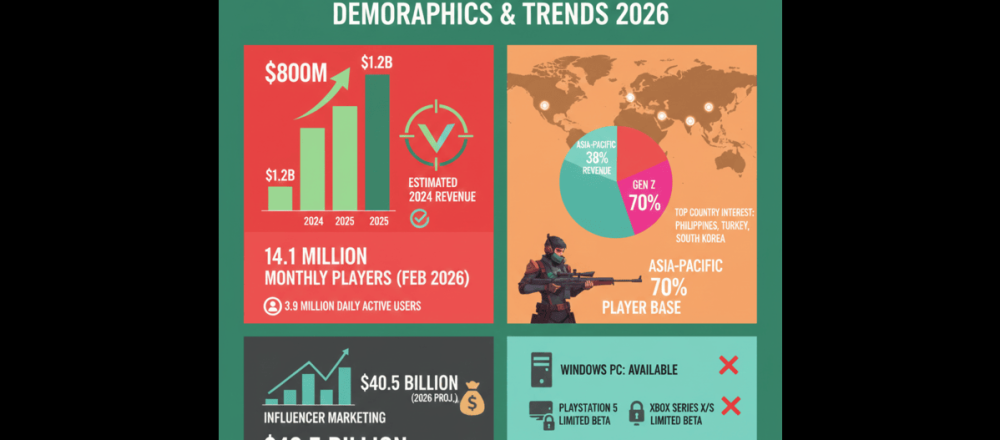 Valorant statistics for 2026 covering 14.1 million monthly players, revenue trends, regional distribution, Gen Z demographics, and VCT esports data.