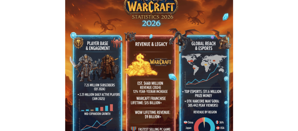 World of Warcraft statistics for 2026 covering 7.25M subscribers, $680M revenue, expansion sales history, esports earnings, and player demographics.