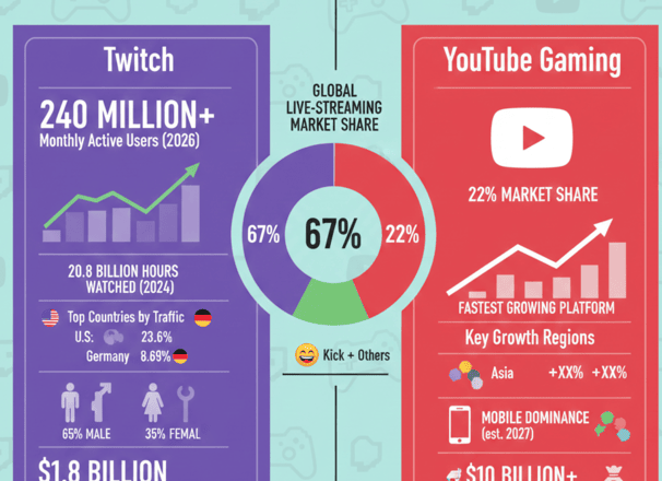 Twitch statistics for 2026 covering 240M monthly users, $1.8B revenue, viewership trends, demographics, and top streamers.