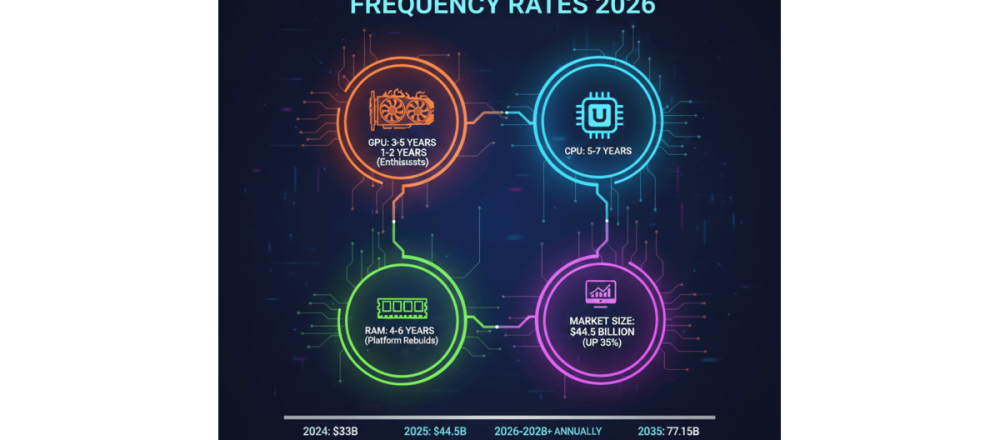 PC gaming hardware upgrade statistics for 2026 covering GPU, CPU, and RAM replacement cycles with Steam survey data and market trends.