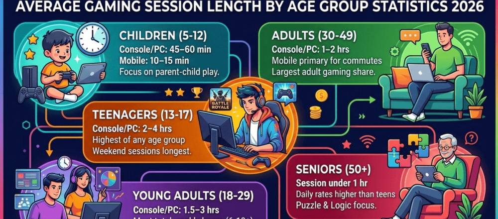 Gaming session length statistics for 2026 by age group, covering teen peak sessions of 2–4 hours, senior daily play habits, platform differences, and U.S. demographic shifts.