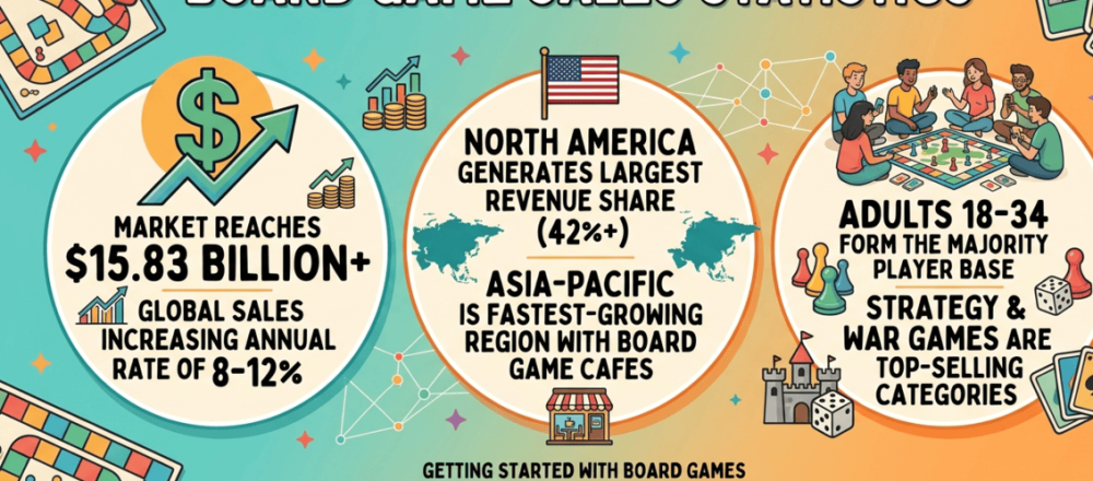 Board game sales statistics for 2026 covering $17.45 billion projected global market, North America's 42% share, adults 18–34 as 44% of players, Kickstarter's $185.4 million raised in 2024, strategy games at 28.4% market share, and $39.34 billion forecast by 2034.