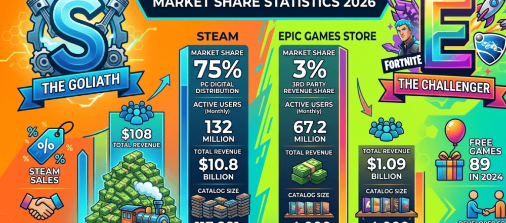 Epic Games Store vs Steam market share comparison for 2026 covering $10.8 billion vs $1.09 billion revenue, user counts, catalog sizes, developer revenue splits, and free games program data.