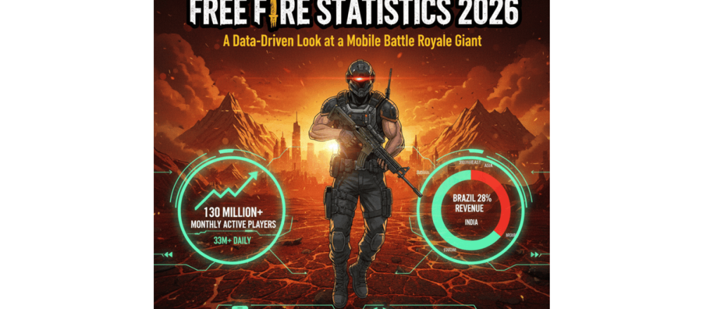 Free Fire statistics for 2026 covering 130 million monthly players, $408 million annual revenue, regional player distribution, platform availability, and esports viewership data.