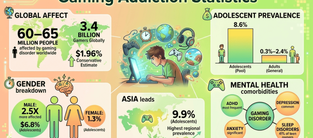 Gaming addiction statistics for 2026 covering 3.05% global prevalence affecting 60-65 million people, age breakdowns with 8.6% adolescent rate, male-to-female ratio of 2.5:1, regional differences led by Asia at 9.9%, mental health comorbidities, and 8% treatment-seeking rate.