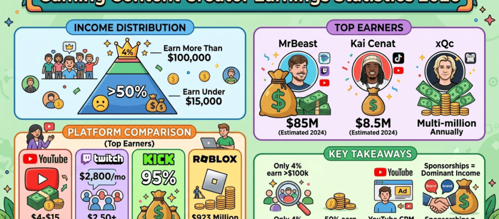 Gaming content creator earnings statistics for 2026 covering income distribution, platform revenue splits for YouTube/Twitch/Kick, CPM rates, sponsorship rates by channel size, top creator earnings, and market growth projections.
