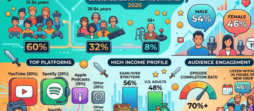 Gaming podcast listener demographics for 2026 covering age distribution, 46% female audience share, platform preferences, income levels, and 70%+ episode completion rates.