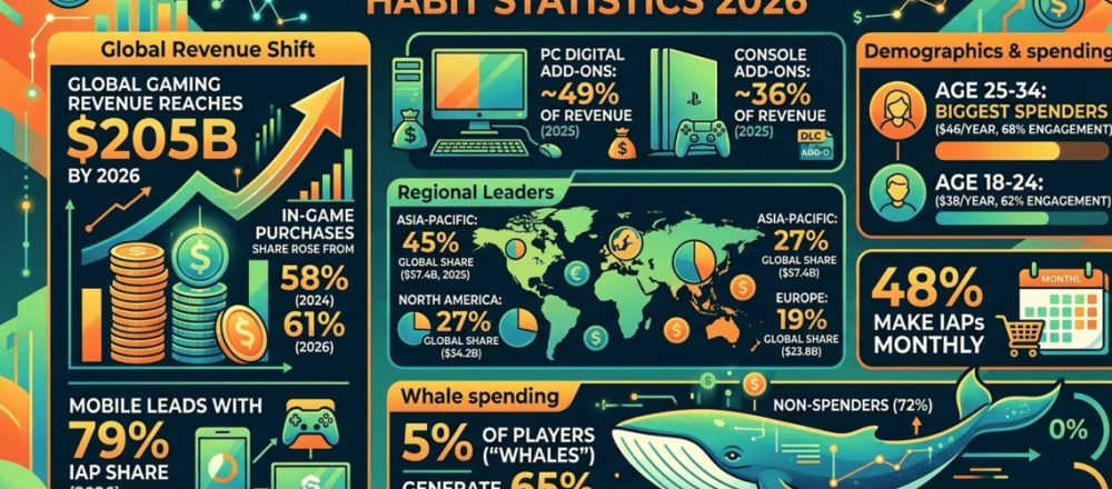 In-game purchase spending statistics for 2026 covering $184 billion global revenue, mobile IAP trends, whale spending concentration, age group breakdowns, and regional market shares.