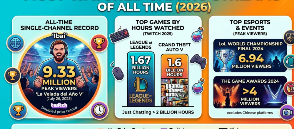 Most-watched gaming streams statistics for 2026 covering Ibai's 9.33M viewer record, platform comparisons between Twitch and YouTube Gaming, top games by hours watched, esports viewership data, and growth trends from 2020–2025.