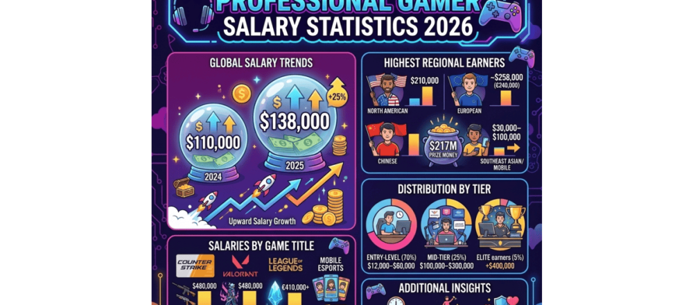 Professional gamer salary statistics for 2026 covering $138,000 global average, regional earnings disparities, game-specific pay scales, prize pool data, and tier distribution.