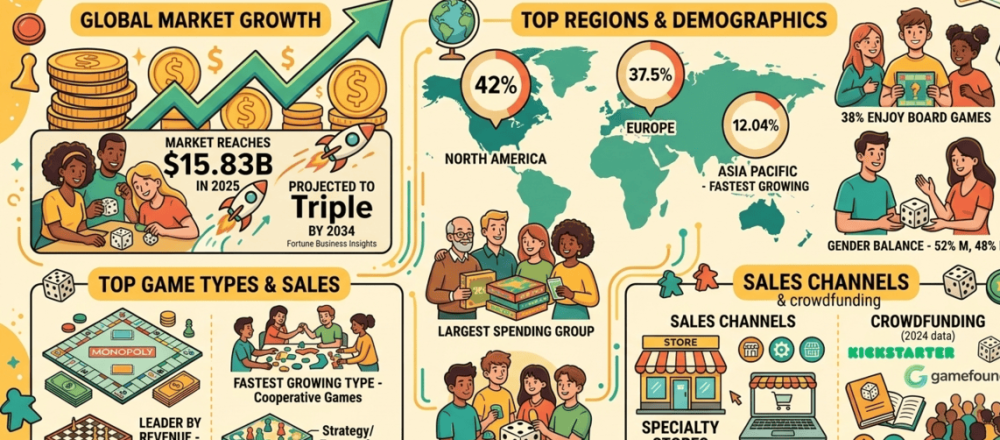Board game statistics for 2026 covering $15.83 billion 2025 global market projected to $39.34 billion by 2034 at 10.70% CAGR, North America at 42.06% share, Monopoly at 32.80% segment share with $3 billion 2024 revenue, Kickstarter tabletop raising $220 million at 80% success rate, and adults over 25 controlling 38.84% of spending.