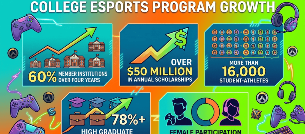 College esports program statistics for 2026 covering NACE membership growth from 175 in 2022 to 280+ institutions, $50 million projected scholarships for 2025-2026 academic year, 16,000+ student-athletes, female participation rising from 11% in 2021 to 18% in 2024, and 78%+ graduate job placement rate.