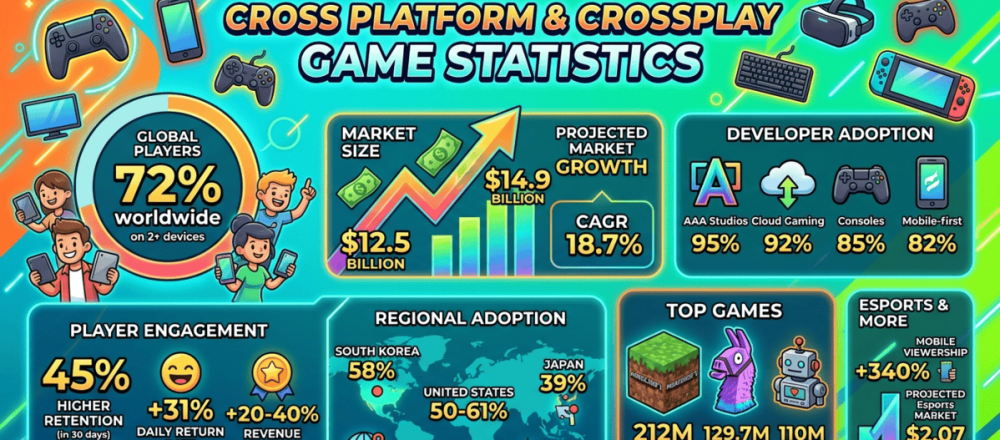 Cross-platform gaming statistics for 2026 covering $14.9 billion market with 72% of gamers on two or more platforms, 95% AAA studio adoption, 45% higher 30-day retention for crossplay titles, Minecraft Bedrock leading at 212 million MAU, and South Korea at 58% multi-platform adoption.
