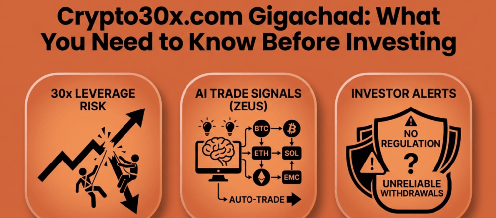 Crypto30x.com Gigachad analysis covering unregulated trading platform with Malta DASP registration, Zeus AI signal tool, 30x leverage, anonymous ownership, withdrawal complaint patterns, multiple brand variants (Catfish and TNT highest risk), and warnings about scam indicators.
