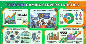 Discord gaming server statistics for 2026 covering 28.4 million total servers with 21 million gaming-focused, Marvel Rivals as largest at 4.17 million members, MEE6 installed across 21.3 million servers, $561 million 2025 revenue up 29.2%, and 227.7 million monthly active users.