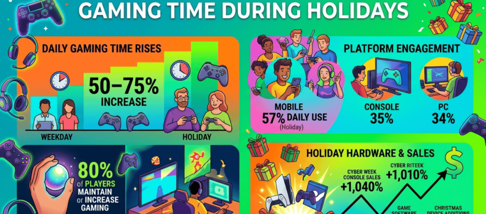 Holiday gaming statistics for 2026 covering 50-75% increase in daily play time during holidays, Cyber Week 2024 console sales at 1,040% above baseline, mobile leading holiday engagement at 57%, teens averaging 15.2 weekly hours, and $50.6 billion US content spending in 2024.