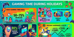 Holiday gaming statistics for 2026 covering 50-75% increase in daily play time during holidays, Cyber Week 2024 console sales at 1,040% above baseline, mobile leading holiday engagement at 57%, teens averaging 15.2 weekly hours, and $50.6 billion US content spending in 2024.