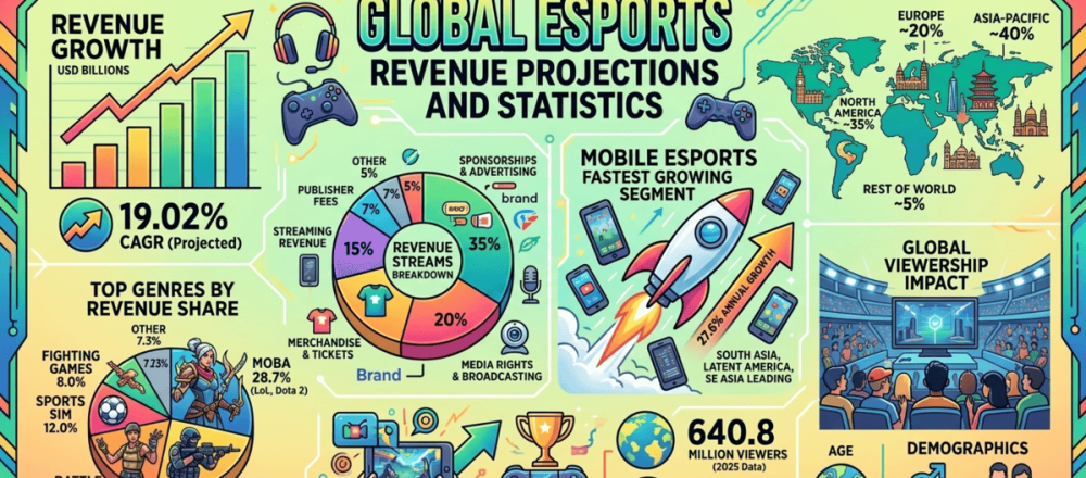 Global esports revenue statistics for 2026 covering $3.17 billion market value projected to reach $22.98 billion by 2035, Asia-Pacific leading at 40% of revenue with North America at 35%, MOBA titles at 28.7% genre share, sponsorships at 35% of revenue streams, 640.8 million global viewership, and mobile esports growing at 27.6% annually.