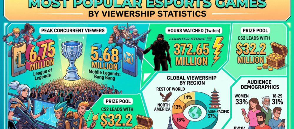 Most popular esports games by viewership statistics for 2026 covering League of Legends Worlds 2025 peaking at 6.75 million concurrent viewers, Counter-Strike 2 leading Twitch with 372.65 million hours watched, Mobile Legends M7 at 5.68 million peak viewers, CS2's $32.2 million prize pool, and Asia-Pacific at 57% of global audience.