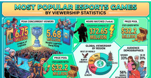 Most popular esports games by viewership statistics for 2026 covering League of Legends Worlds 2025 peaking at 6.75 million concurrent viewers, Counter-Strike 2 leading Twitch with 372.65 million hours watched, Mobile Legends M7 at 5.68 million peak viewers, CS2's $32.2 million prize pool, and Asia-Pacific at 57% of global audience.