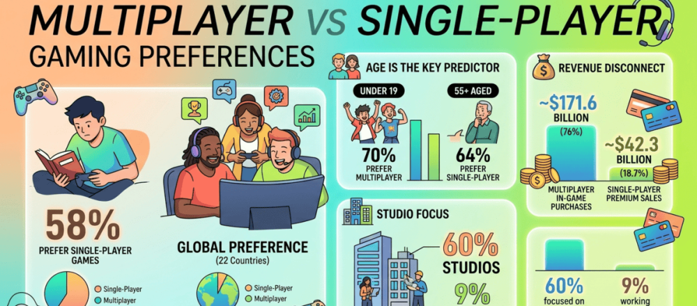 Multiplayer versus single-player gaming statistics for 2026 covering 58% global single-player preference from Ampere Analysis survey of 34,428 gamers across 22 countries, US leading at 65%, 70% of under-19s preferring multiplayer, and $171.6 billion multiplayer revenue at 76% of total market.